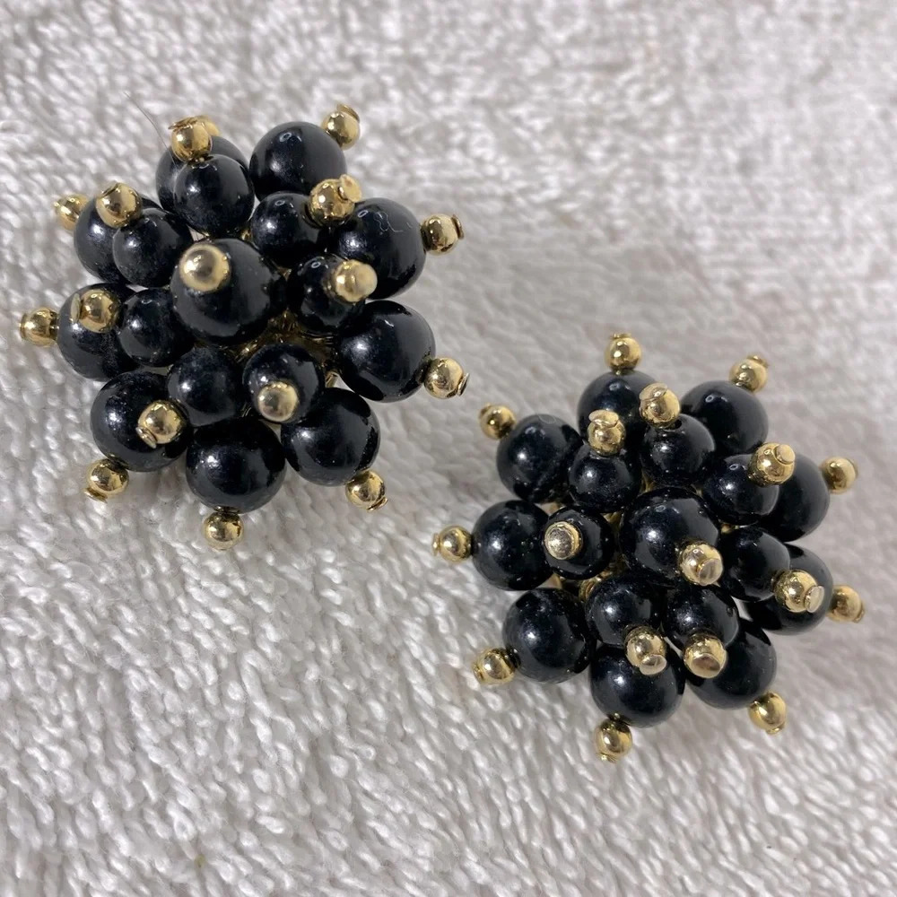 Vintage Handmade Black & Gold Beads Cluster Clip On Earrings